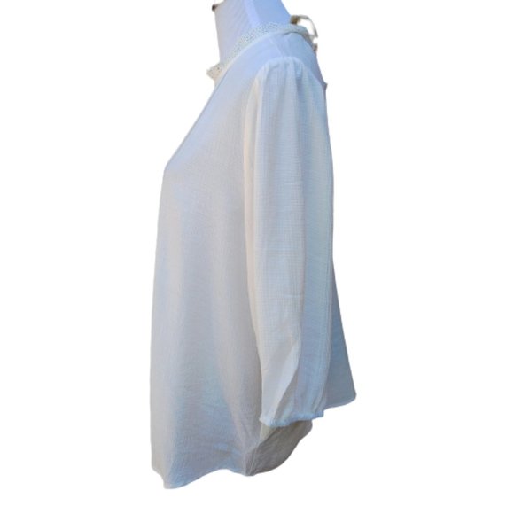 Blu Pepper Ivory Blouse High Neck 3/4 Sleeves Lace Trim Modest - Picture 7 of 10